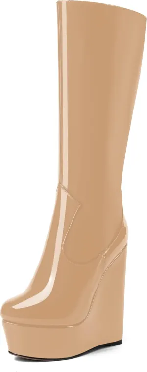AMBELIGHT Womens Zip Platform Patent Night Club Knee High Fashion Round Toe Wedge High Heel Mid Calf Boots 6 Inch