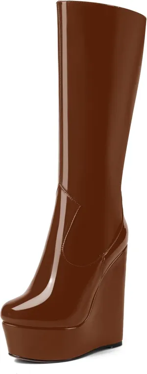 AMBELIGHT Womens Zip Platform Patent Night Club Knee High Fashion Round Toe Wedge High Heel Mid Calf Boots 6 Inch