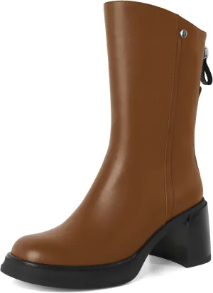 AUMOTED Womens Go Go Boots Platform Boots Mid-Calf Boots Zipper Square Toe 3 Inches Chunky Heeled Boots