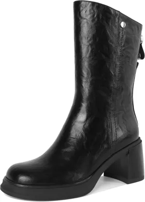 AUMOTED Womens Go Go Boots Platform Boots Mid-Calf Boots Zipper Square Toe 3 Inches Chunky Heeled Boots