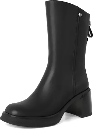 AUMOTED Womens Go Go Boots Platform Boots Mid-Calf Boots Zipper Square Toe 3 Inches Chunky Heeled Boots
