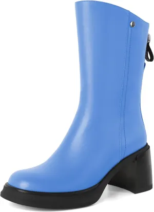 AUMOTED Womens Go Go Boots Platform Boots Mid-Calf Boots Zipper Square Toe 3 Inches Chunky Heeled Boots