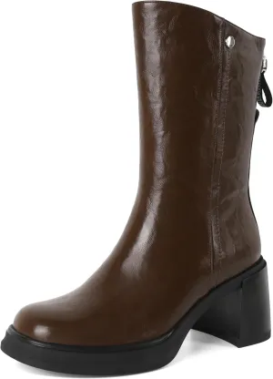 AUMOTED Womens Go Go Boots Platform Boots Mid-Calf Boots Zipper Square Toe 3 Inches Chunky Heeled Boots