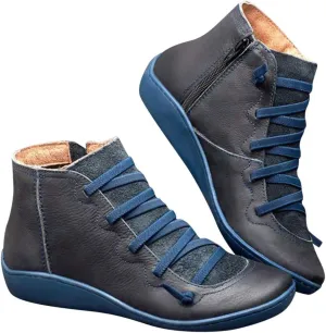Boots for Women Ankle Booties Lace up Boots for Women Round Toe Casual Lace-up Women's Side Zipper Flat Boots Retro