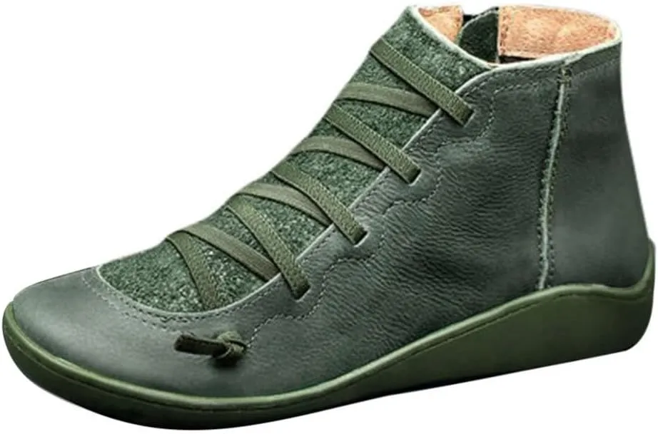 Boots for Women Ankle Booties Lace up Boots for Women Round Toe Casual Lace-up Women's Side Zipper Flat Boots Retro