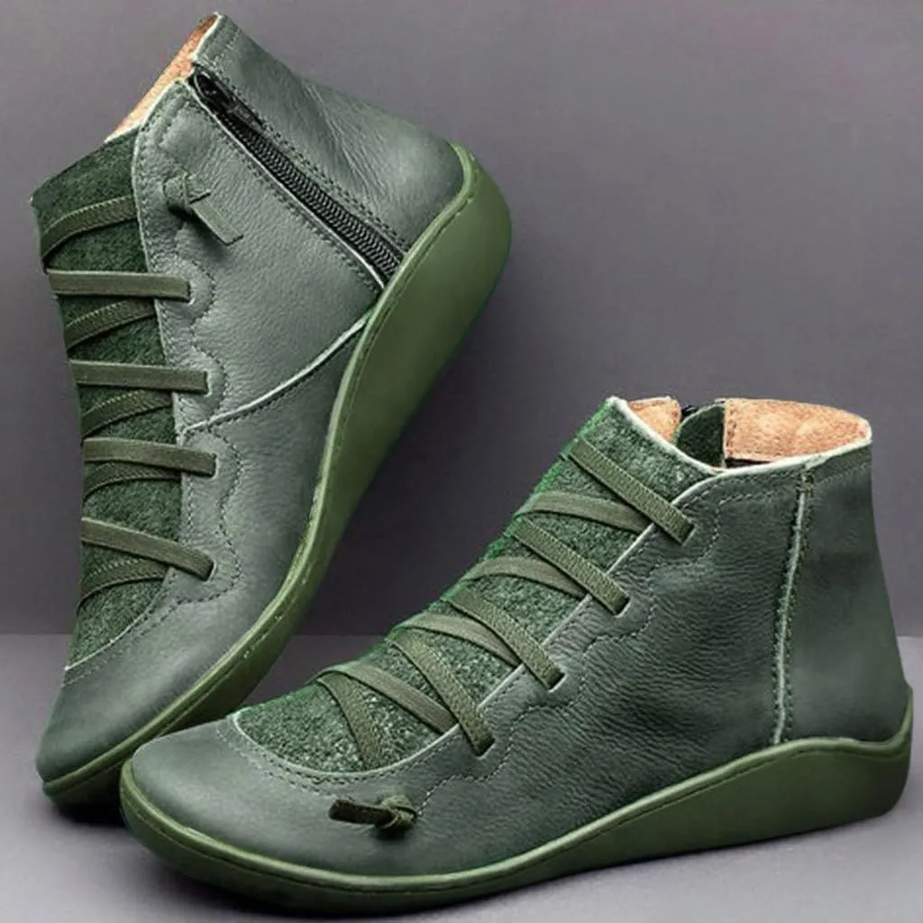 Boots for Women Ankle Booties Lace up Boots for Women Round Toe Casual Lace-up Women's Side Zipper Flat Boots Retro