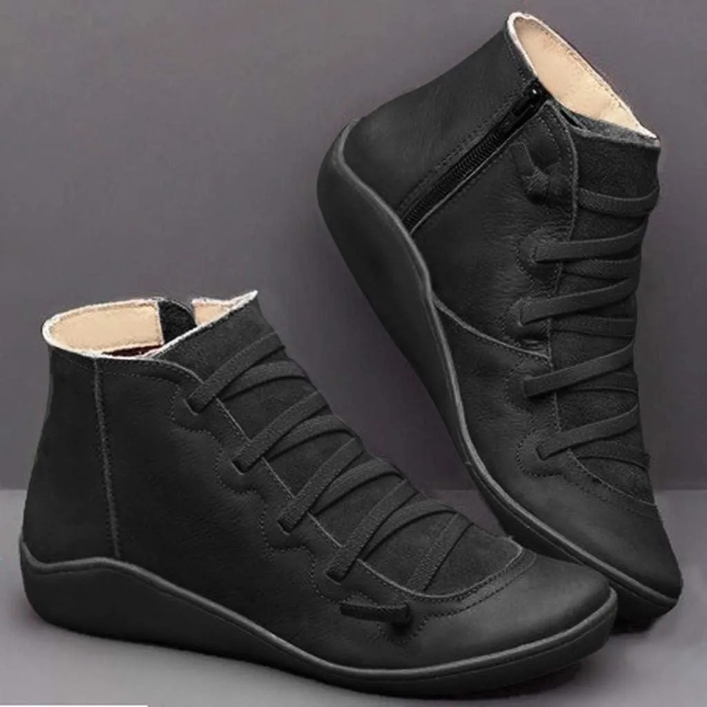 Boots for Women Ankle Booties Lace up Boots for Women Round Toe Casual Lace-up Women's Side Zipper Flat Boots Retro