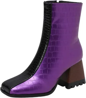 Boots for Women Chunky Block Heel Ankle Booties Square Toe Color Block Boots Winter Dress Snakeskin Boot Shoes