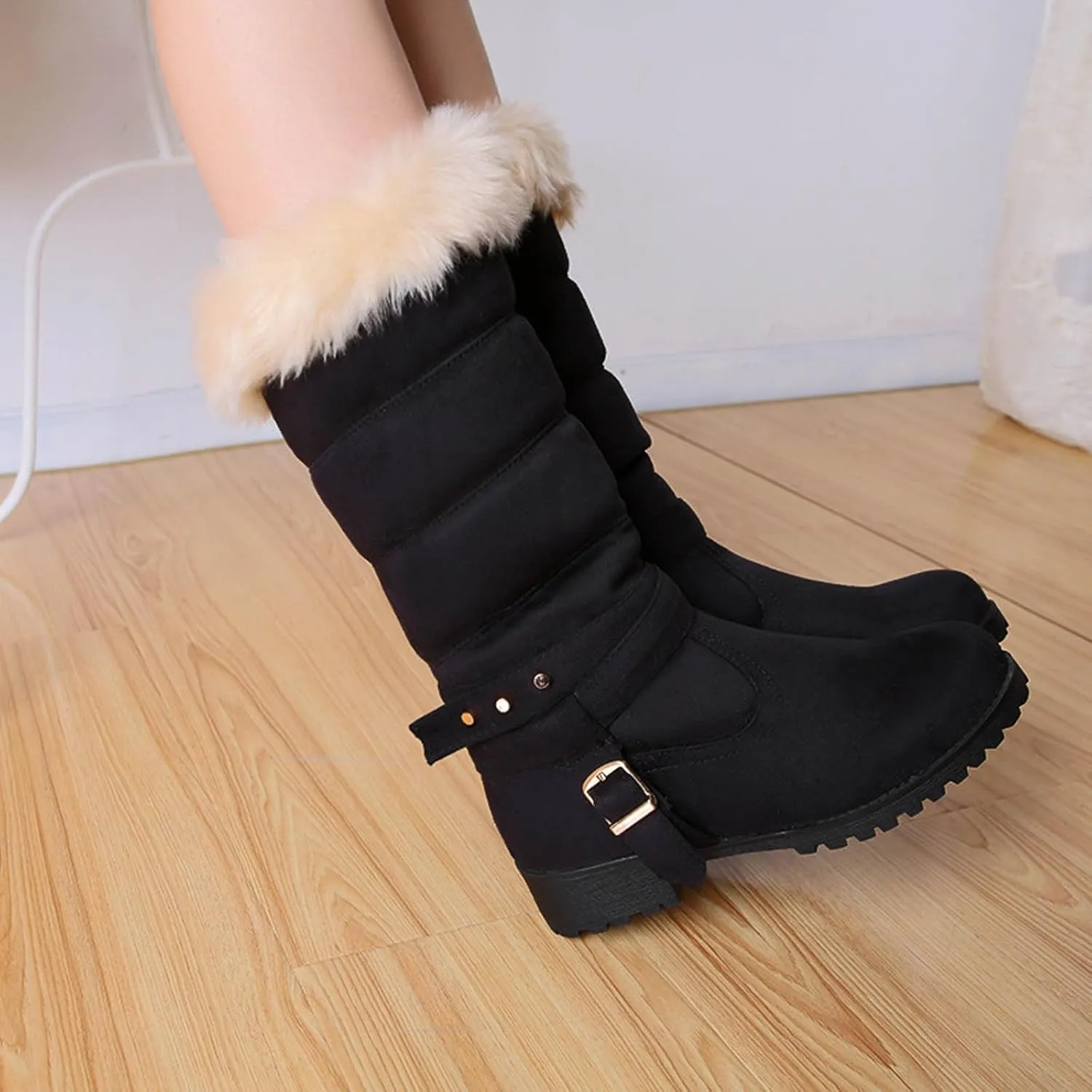 Boots for Women Warm Fur Lined Snow Boots Puff Fur Cuff Cute Mid Calf Pull On Outdoor Snow Boots