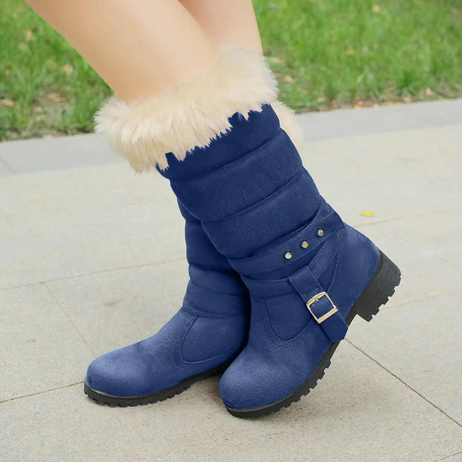 Boots for Women Warm Fur Lined Snow Boots Puff Fur Cuff Cute Mid Calf Pull On Outdoor Snow Boots
