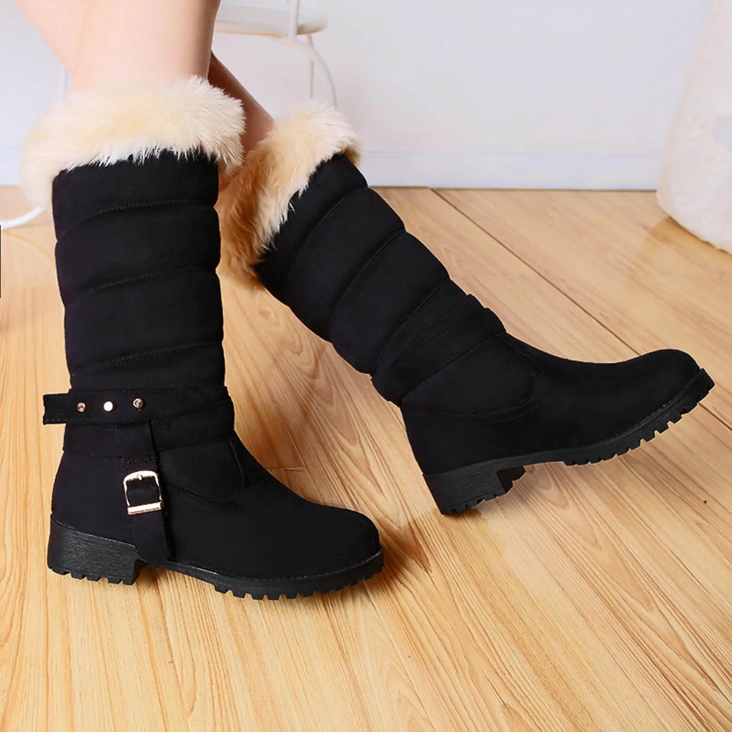 Boots for Women Warm Fur Lined Snow Boots Puff Fur Cuff Cute Mid Calf Pull On Outdoor Snow Boots