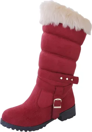 Boots for Women Warm Fur Lined Snow Boots Puff Fur Cuff Cute Mid Calf Pull On Outdoor Snow Boots