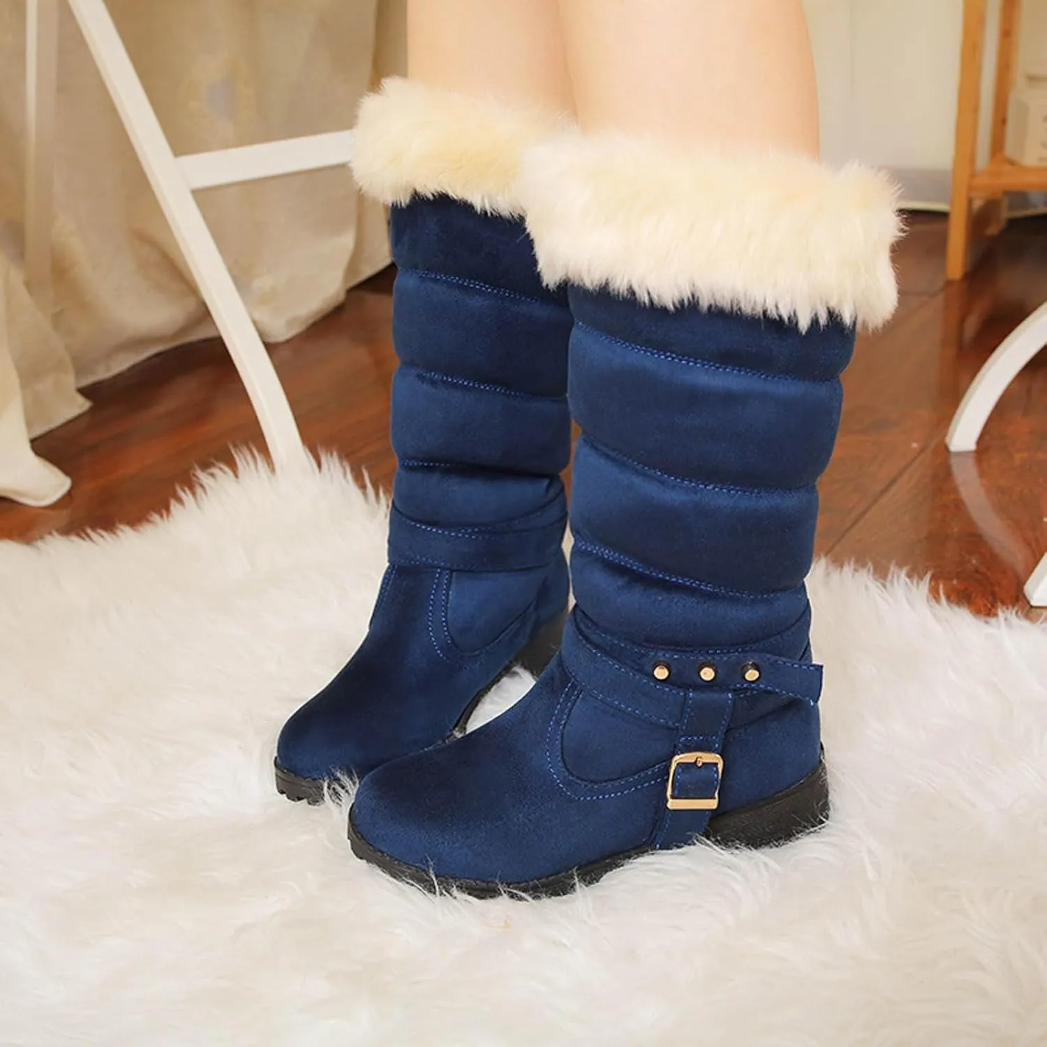 Boots for Women Warm Fur Lined Snow Boots Puff Fur Cuff Cute Mid Calf Pull On Outdoor Snow Boots