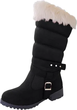 Boots for Women Warm Fur Lined Snow Boots Puff Fur Cuff Cute Mid Calf Pull On Outdoor Snow Boots