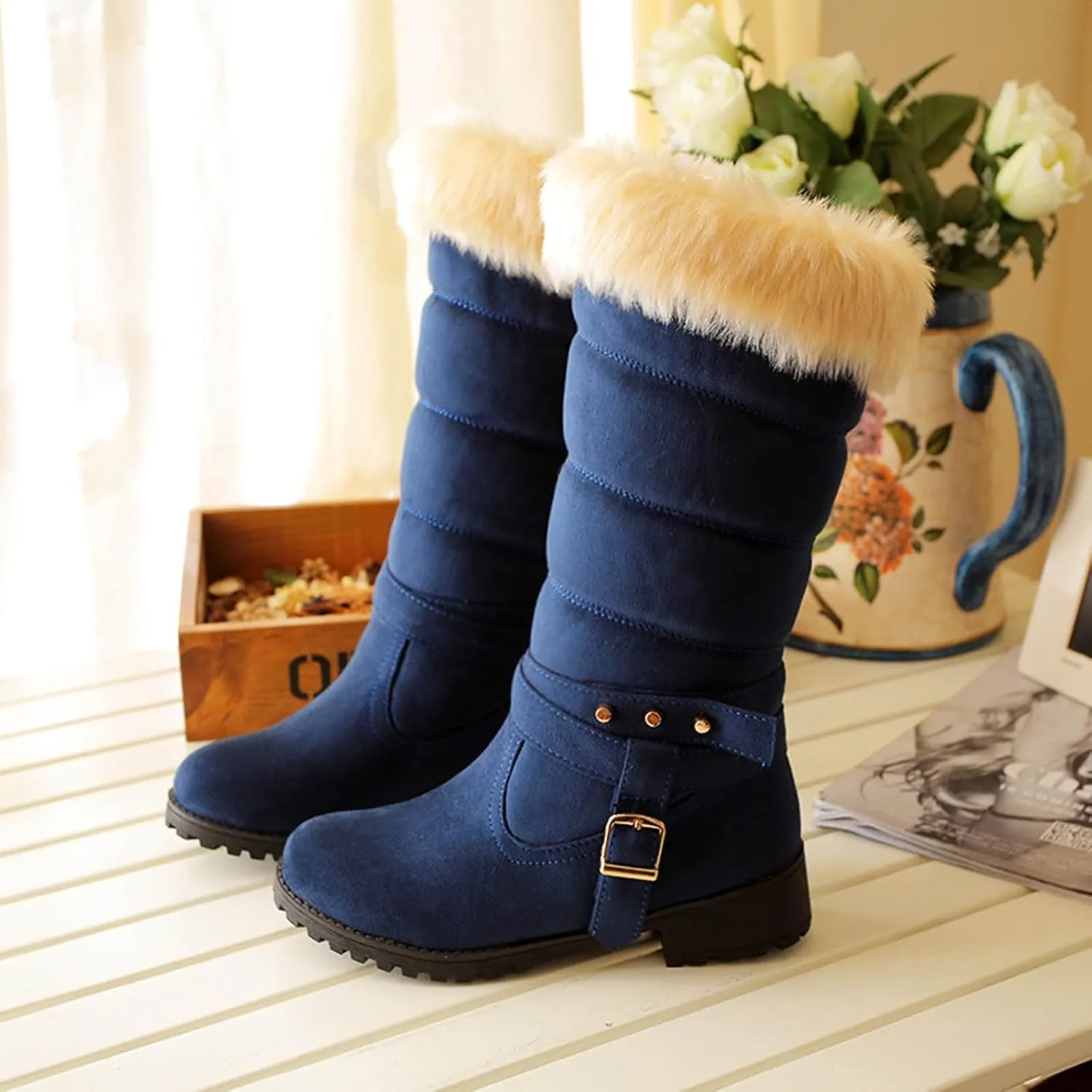 Boots for Women Warm Fur Lined Snow Boots Puff Fur Cuff Cute Mid Calf Pull On Outdoor Snow Boots