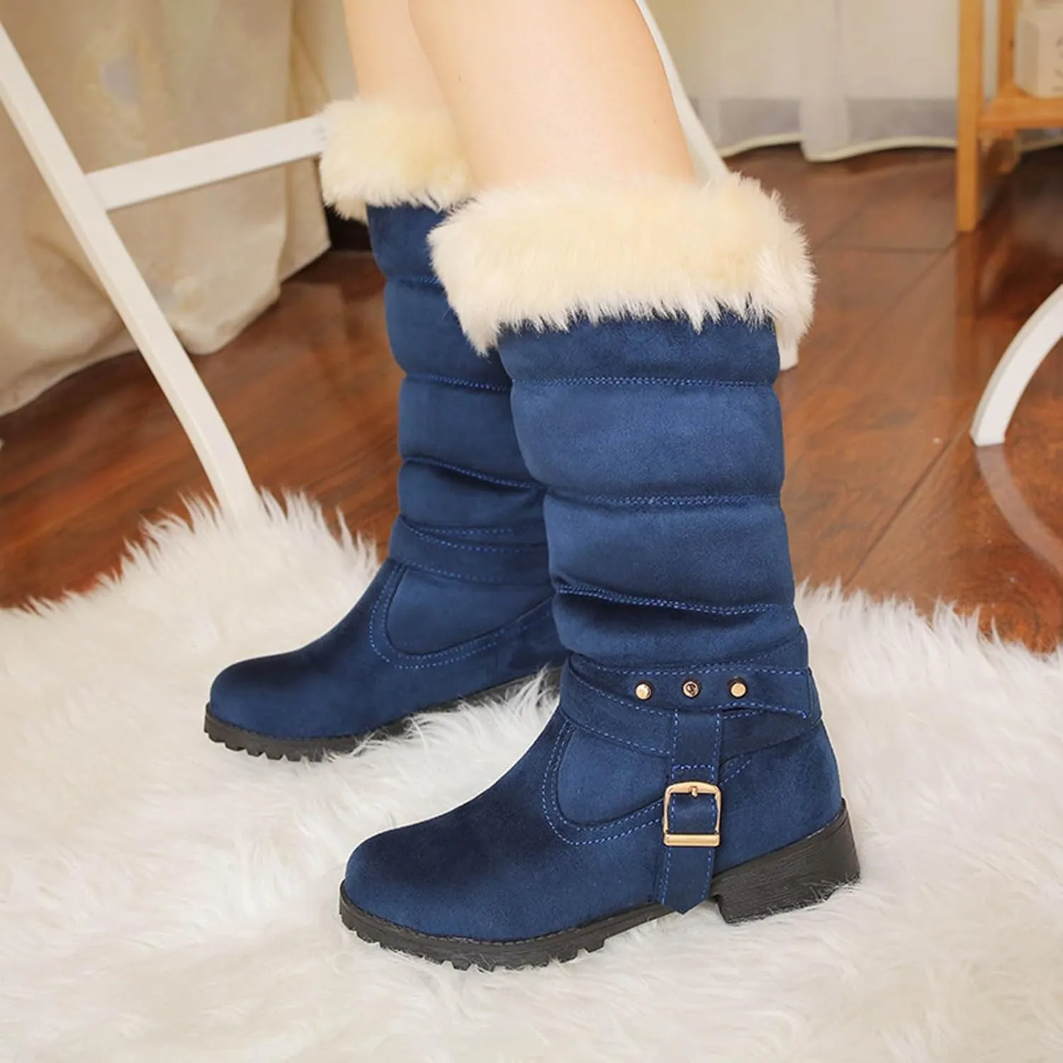Boots for Women Warm Fur Lined Snow Boots Puff Fur Cuff Cute Mid Calf Pull On Outdoor Snow Boots