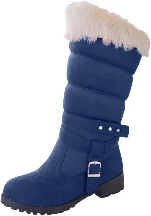 Boots for Women Warm Fur Lined Snow Boots Puff Fur Cuff Cute Mid Calf Pull On Outdoor Snow Boots