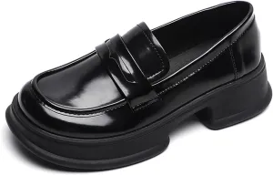 British Style Women's Patent Leather Slip-On Thick Sole Loafers Fashion Round Toe Chunky Heel Driving Walking Shoes Moccasin Lightweight Non-Slip Thick Sole Boat Shoes