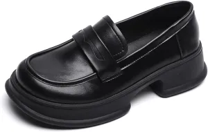 British Style Women's Patent Leather Slip-On Thick Sole Loafers Fashion Round Toe Chunky Heel Driving Walking Shoes Moccasin Lightweight Non-Slip Thick Sole Boat Shoes