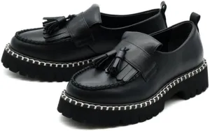 [by ashinagaojisan] by ashinagaojisan 8710549 Lightweight Quilted Tassel Loafer Thick Sole Shoes Women's Student School Business Thick Sole S M L LL Black Heel Height 4 cm