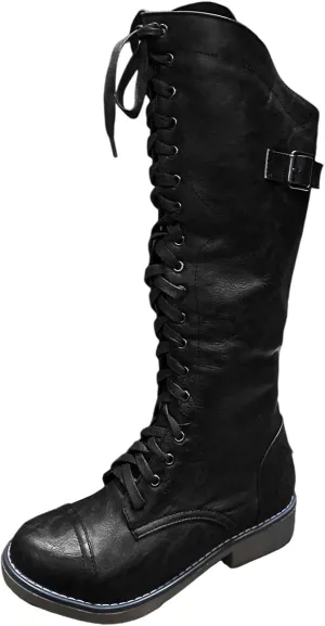 Fall Boots Womens Block Heel Knee High Riding Combat Boots Lace Up Cowboy Boots Knee High Riding Boots
