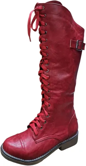 Fall Boots Womens Block Heel Knee High Riding Combat Boots Lace Up Cowboy Boots Knee High Riding Boots