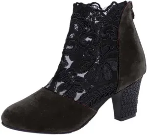 Fall Boots Womens Chunky Mid Heel Dress Boots Pretty Lace Flowers Ankle Boots Zipper Dressy Booties for Women