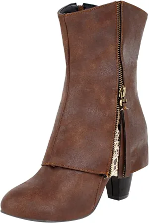 Fall Boots Womens Vintage Round Toe Ankle Boots Low Chunky Block Heel Fold Over Zipper Dressy Booties for Women