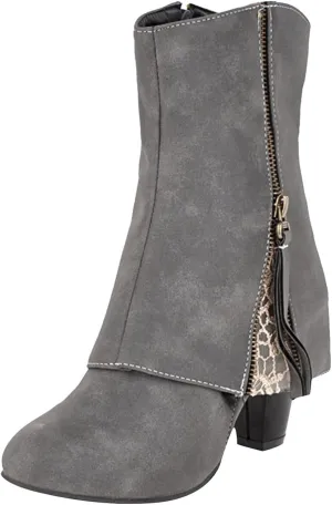 Fall Boots Womens Vintage Round Toe Ankle Boots Low Chunky Block Heel Fold Over Zipper Dressy Booties for Women