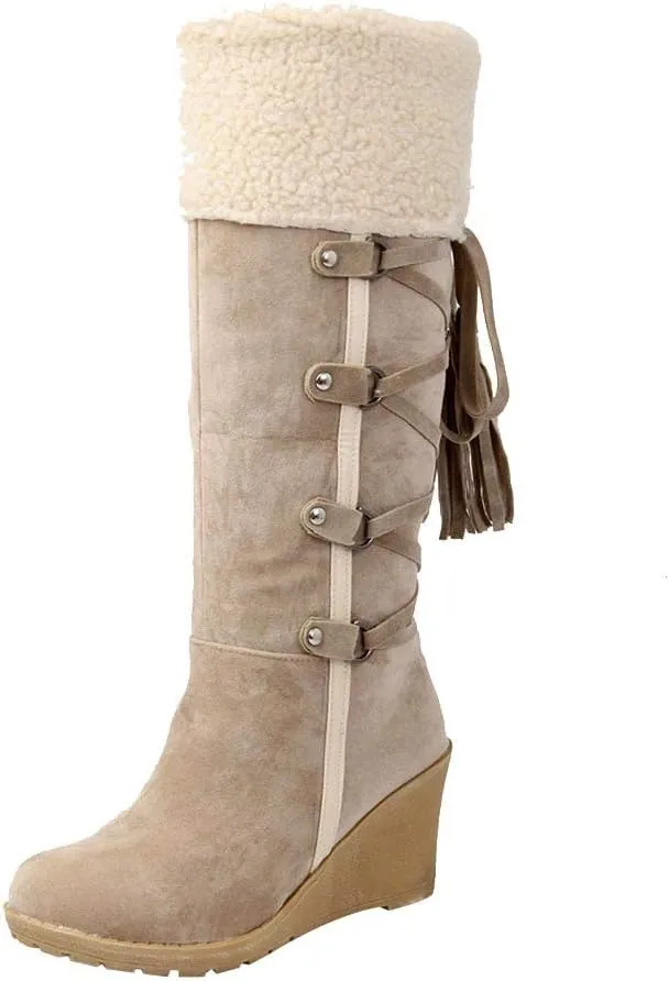 Fall Boots Womens Winter Snow Knee High Boots Wedge Fur Cuff Warm Fur Lined Puff Snow Tall Boots for Ladies