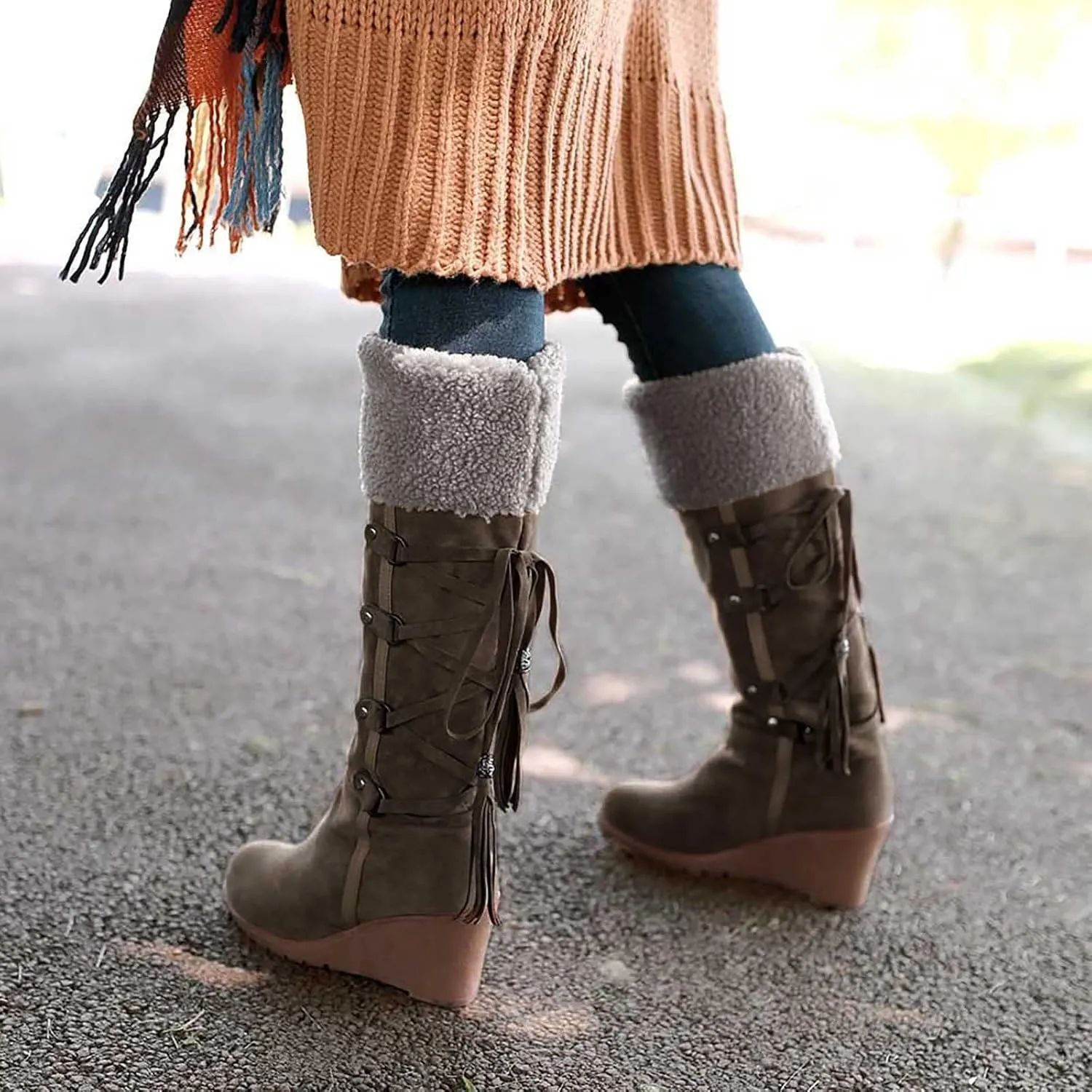 Fall Boots Womens Winter Snow Knee High Boots Wedge Fur Cuff Warm Fur Lined Puff Snow Tall Boots for Ladies