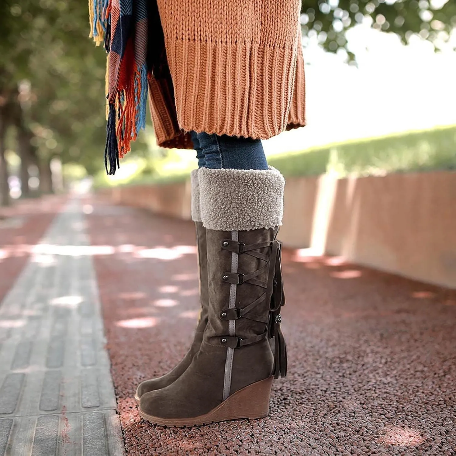Fall Boots Womens Winter Snow Knee High Boots Wedge Fur Cuff Warm Fur Lined Puff Snow Tall Boots for Ladies