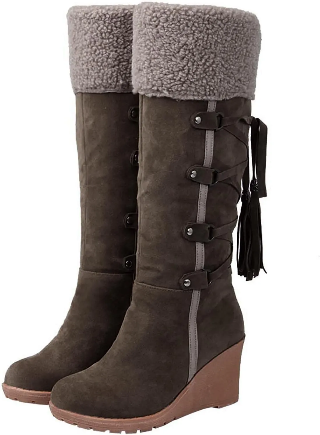 Fall Boots Womens Winter Snow Knee High Boots Wedge Fur Cuff Warm Fur Lined Puff Snow Tall Boots for Ladies