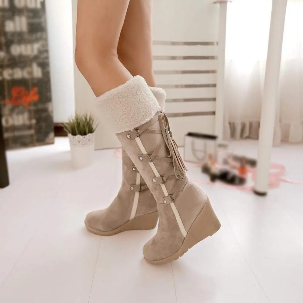 Fall Boots Womens Winter Snow Knee High Boots Wedge Fur Cuff Warm Fur Lined Puff Snow Tall Boots for Ladies