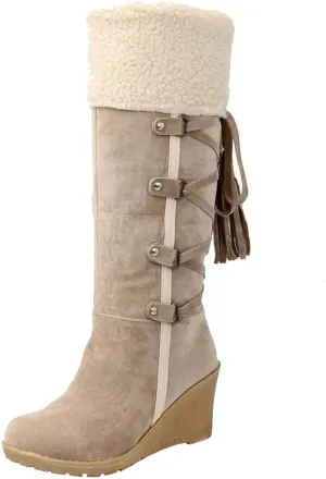 Fall Boots Womens Winter Snow Knee High Boots Wedge Fur Cuff Warm Fur Lined Puff Snow Tall Boots for Ladies