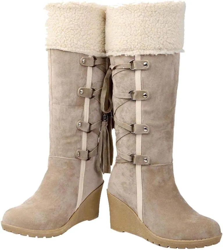 Fall Boots Womens Winter Snow Knee High Boots Wedge Fur Cuff Warm Fur Lined Puff Snow Tall Boots for Ladies