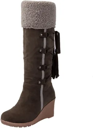 Fall Boots Womens Winter Snow Knee High Boots Wedge Fur Cuff Warm Fur Lined Puff Snow Tall Boots for Ladies