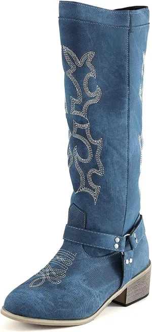 Lausiuoe Boots For Women Knee High Wide Width Embroidered Western Cowboy Boots Cowgirl Style Wide calf Chunky Booties