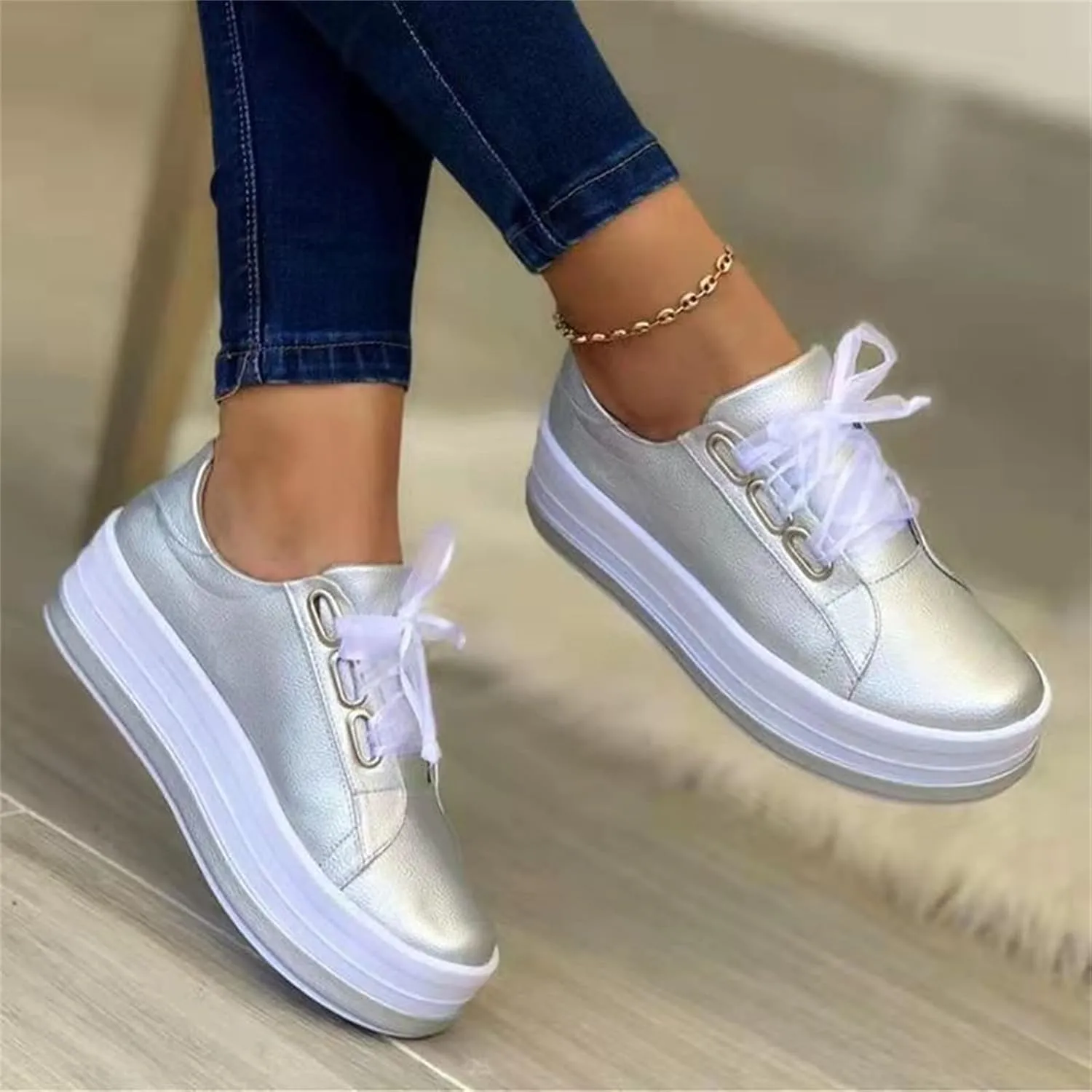 Lausiuoe Shoes for Women Sneakers Trendy Comfortable Casual Fashion Sneakers Leather Walking Shoes Slip On Flat Loafers