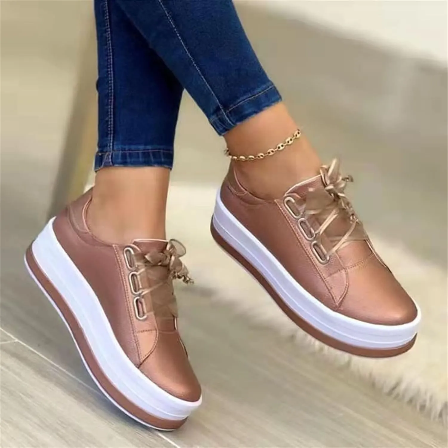 Lausiuoe Shoes for Women Sneakers Trendy Slip On Loafers Shoes Fashion Leather Sneakers Casual Comfortable Flat Walking Shoes