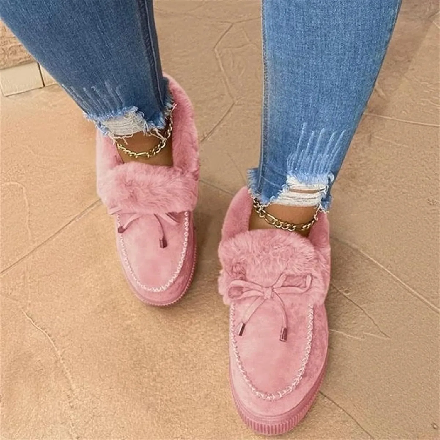 Lausiuoe Womens Winter Boots With Fur Lined Ankle Boots Slip On Snow Fuzzy Booties Fashion Casual Walking Shoes Loafers