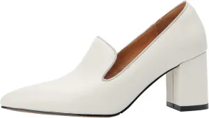 LEHOOR Women Chunky Block High Heel Loafers Pointed Closed Toe Slip On Loafer Pumps 3 Inch Thick Mid Heels Oxford Dress Shoes Matte Leather Office Ladies Wedding Work Basic Shoes Comfy 4-11 M US