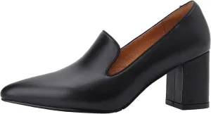 LEHOOR Women Chunky Block High Heel Loafers Pointed Closed Toe Slip On Loafer Pumps 3 Inch Thick Mid Heels Oxford Dress Shoes Matte Leather Office Ladies Wedding Work Basic Shoes Comfy 4-11 M US