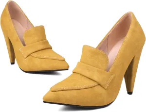 LEHOOR Women High Cone Heel Loafers Pointed Toe Suede Loafer Pumps 4 inch Chunky Heels Slip On Oxford Loafers Shoes Heeled Closed Toe Office Ladies Dress Heels Classic Comfort 4-10 M US