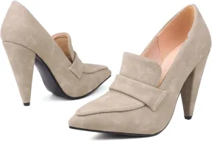 LEHOOR Women High Cone Heel Loafers Pointed Toe Suede Loafer Pumps 4 inch Chunky Heels Slip On Oxford Loafers Shoes Heeled Closed Toe Office Ladies Dress Heels Classic Comfort 4-10 M US