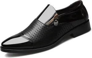 Men's Dress Shoes Patent Leather Loafers Comfy Slip-on Business Dress Flats with Zipper Breathable Driving Shoes