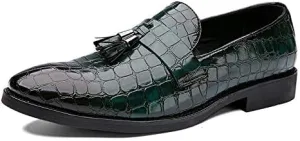 Men's Loafers Shoes Pointed Toe PU Leather Block Pattern with Tassel Loafer Shoes Comfortable Lightweight Flexible Fashion Slip-on(Green,6.5)