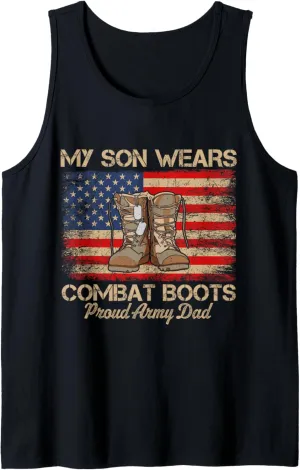 Mens My Son Wears Combat Boots Proud Military Dad American Flag Tank Top