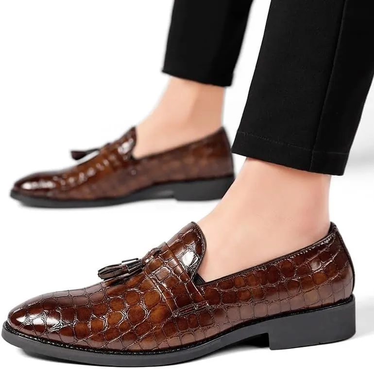 Men's Pointed Toe PU Leather Tassel Loafers - Block Pattern, Flat Heel, Lightweight Comfort for Wedding & Prom Slip-On Shoes