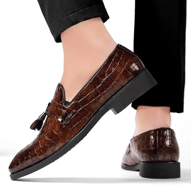 Men's Pointed Toe PU Leather Tassel Loafers - Block Pattern, Flat Heel, Lightweight Comfort for Wedding & Prom Slip-On Shoes